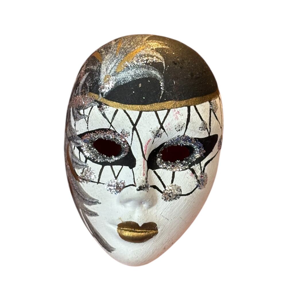 Vintage Venetian Mask Brooch Hand Painted Face Pin Black Gold Art Deco Style